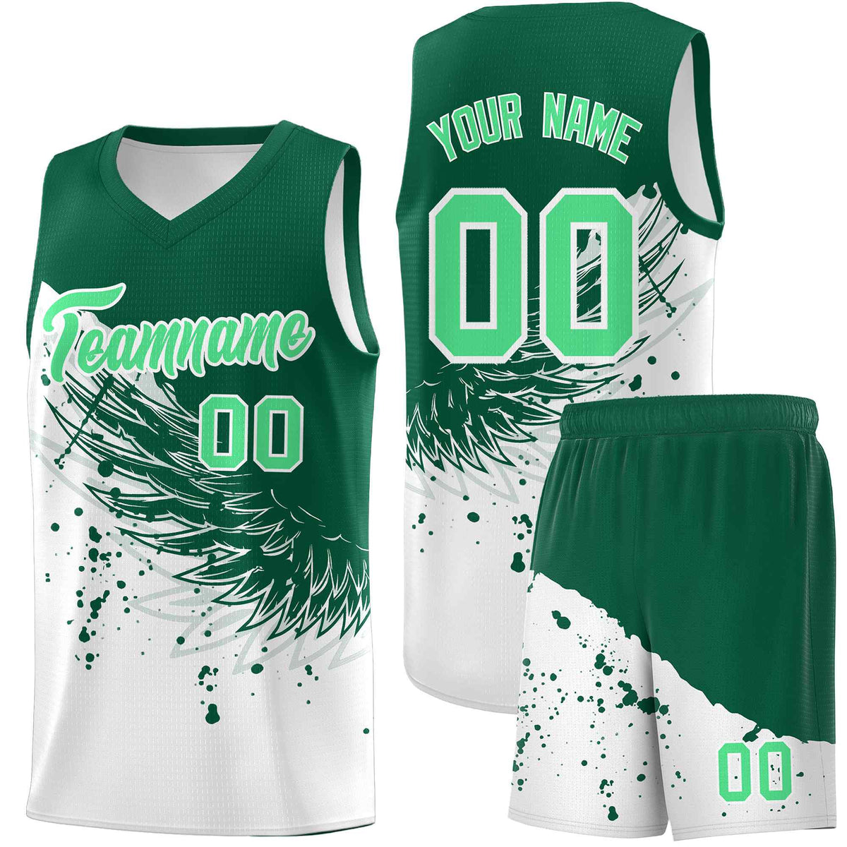 Custom White Kelly Green Wing Pattern Sports Uniform Basketball Jersey