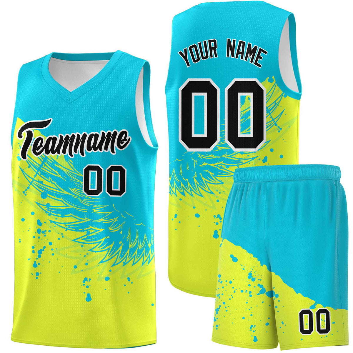 Custom Fluorescent Green Sky Blue Wing Pattern Sports Uniform Basketball Jersey