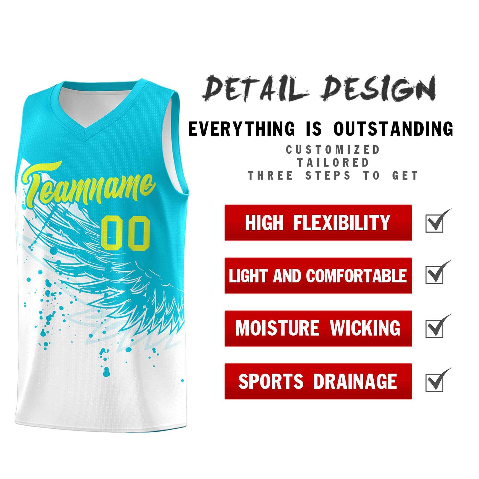 Custom White Sky Blue Wing Pattern Sports Uniform Basketball Jersey