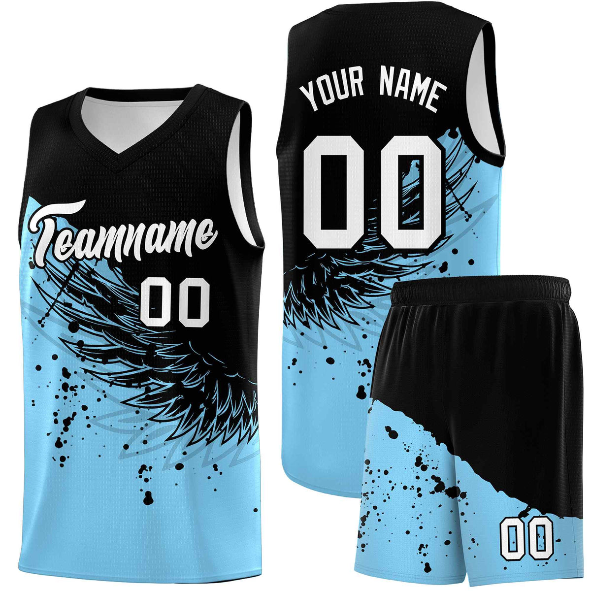 Custom Light Blue Black Wing Pattern Sports Uniform Basketball Jersey