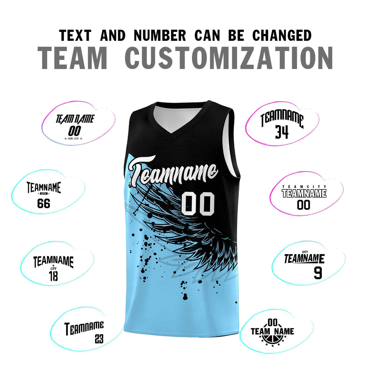 Custom Light Blue Black Wing Pattern Sports Uniform Basketball Jersey