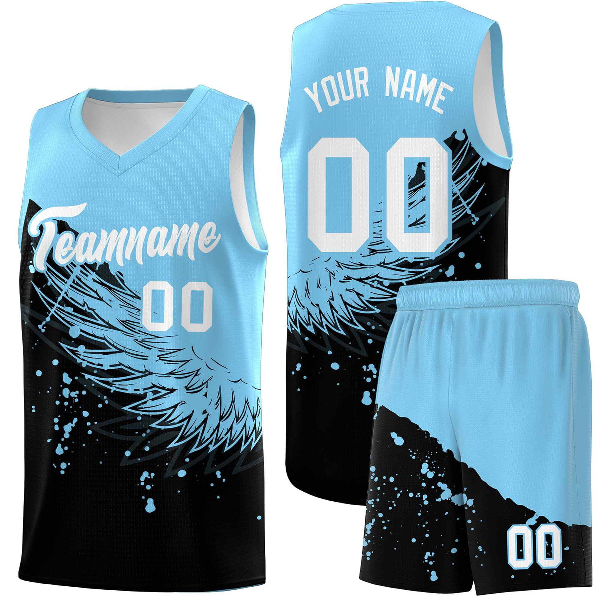Custom Black Light Blue Wing Pattern Sports Uniform Basketball Jersey