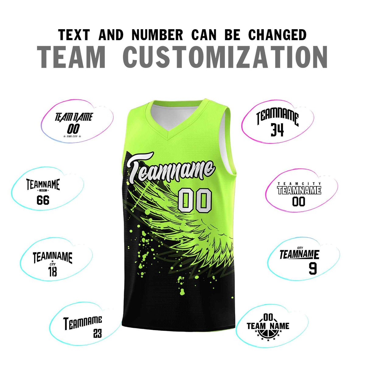 Custom Black Fluorescent Green Wing Pattern Sports Uniform Basketball Jersey