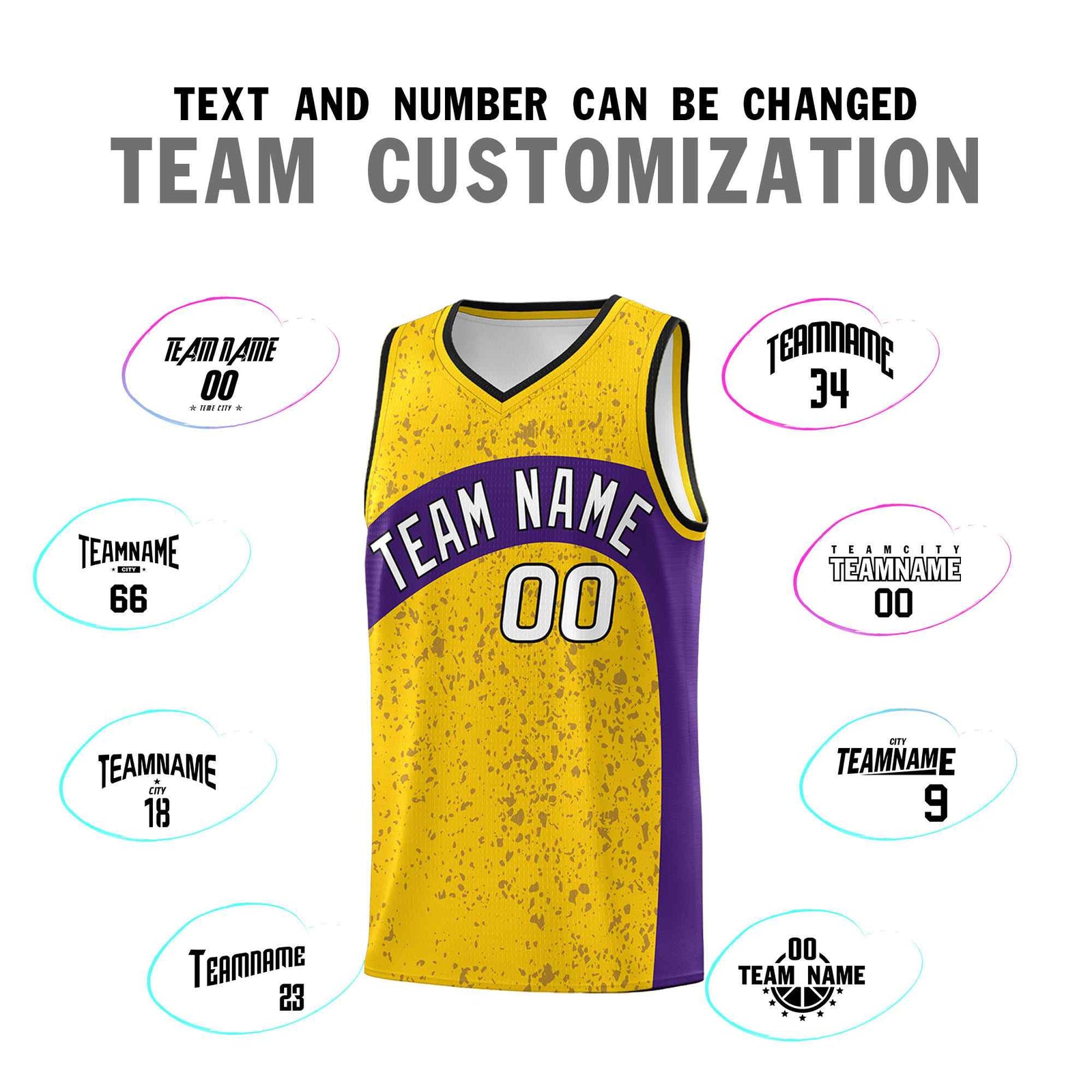 Custom Gold Purple Dot Graffiti Pattern Irregular Team Names Sports Uniform Basketball Jersey