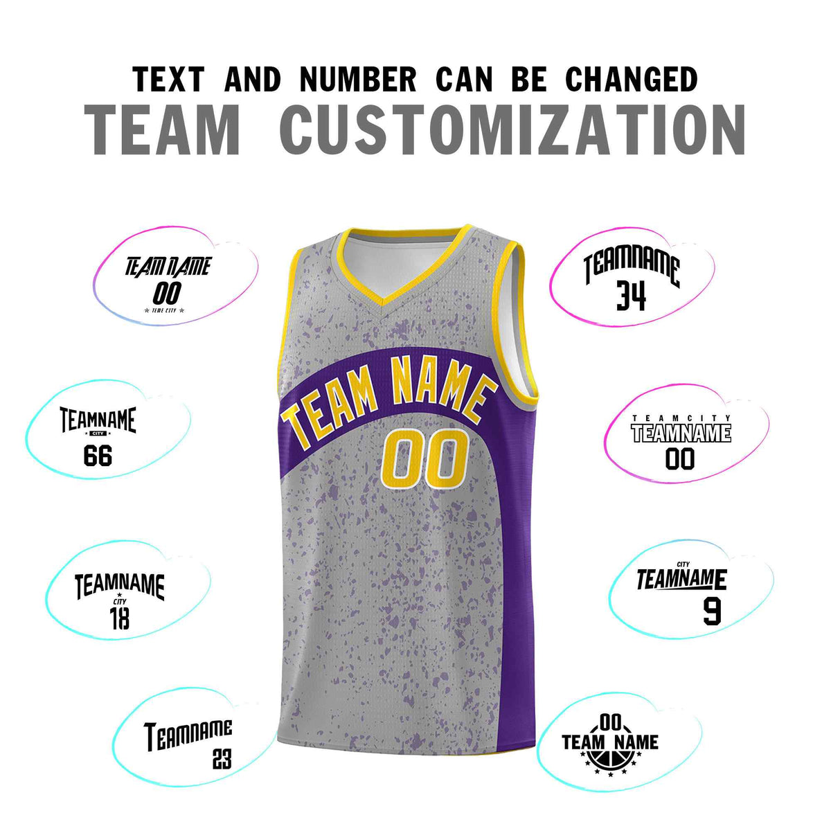 Custom Light Gray Purple Dot Graffiti Pattern Irregular Team Names Sports Uniform Basketball Jersey