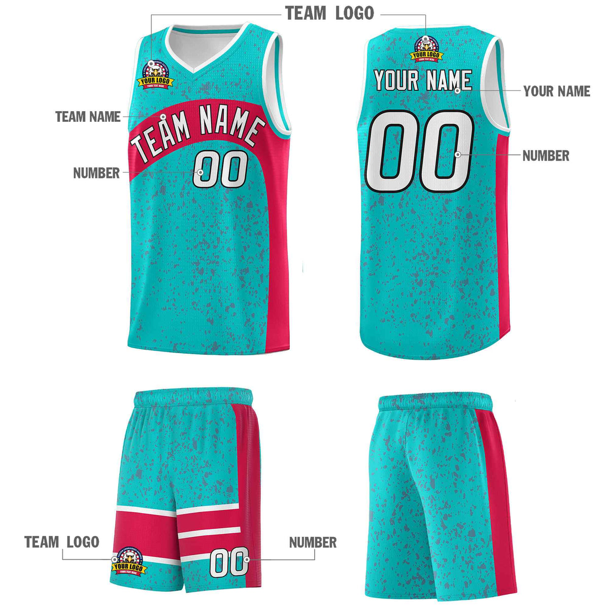 Custom Aqua Red Dot Graffiti Pattern Irregular Team Names Sports Uniform Basketball Jersey