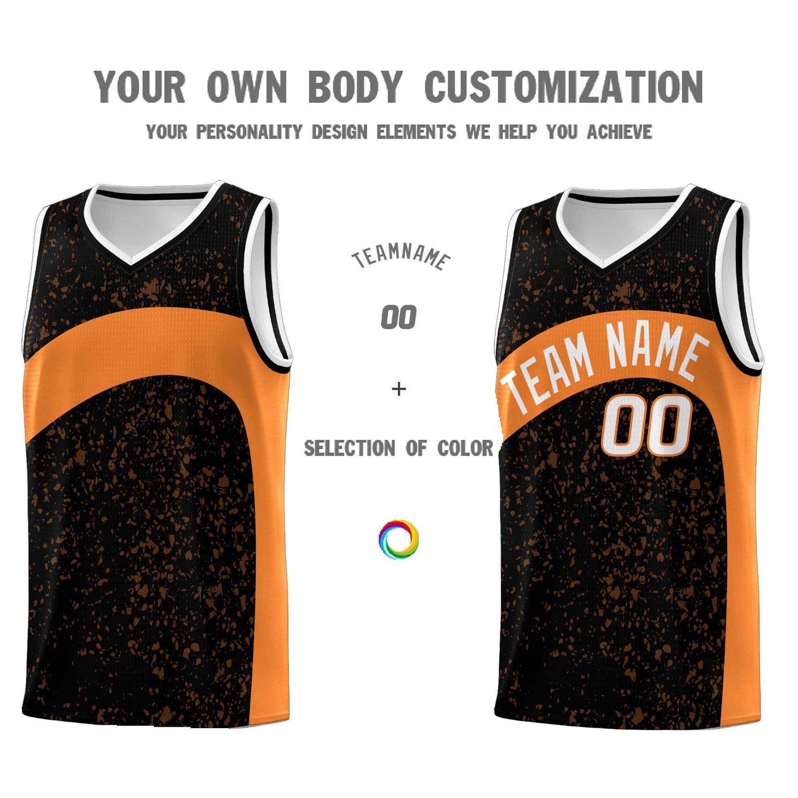 Custom Black Gold Orange Dot Graffiti Pattern Irregular Team Names Sports Uniform Basketball Jersey
