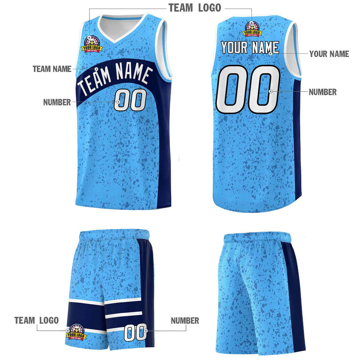 Custom Powder Blue Navy Dot Graffiti Pattern Irregular Team Names Sports Uniform Basketball Jersey