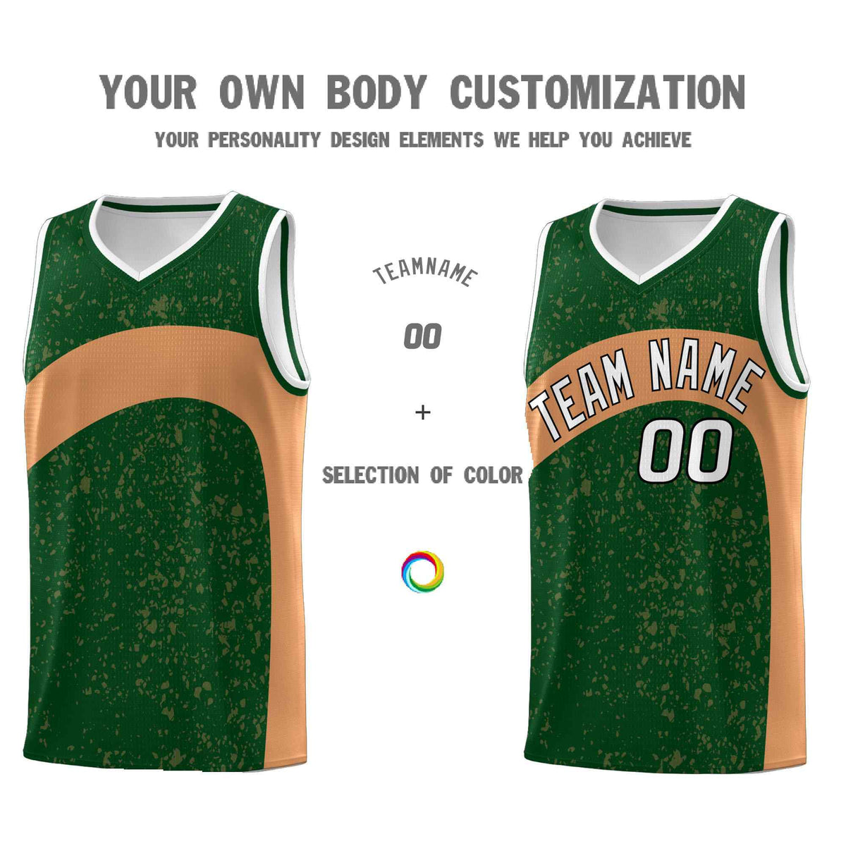 Custom Green Buckskin Brown Dot Graffiti Pattern Irregular Team Names Sports Uniform Basketball Jersey