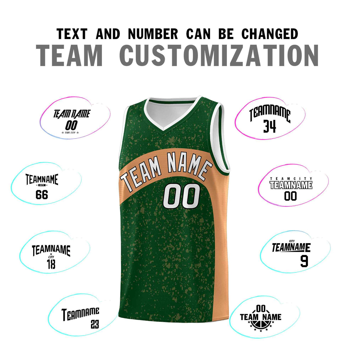 Custom Green Buckskin Brown Dot Graffiti Pattern Irregular Team Names Sports Uniform Basketball Jersey