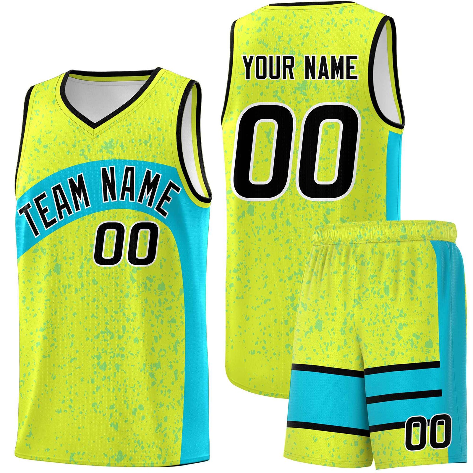 Custom Fluorescent Green Sky Blue Dot Graffiti Pattern Irregular Team Names Sports Uniform Basketball Jersey| KXKSHOP