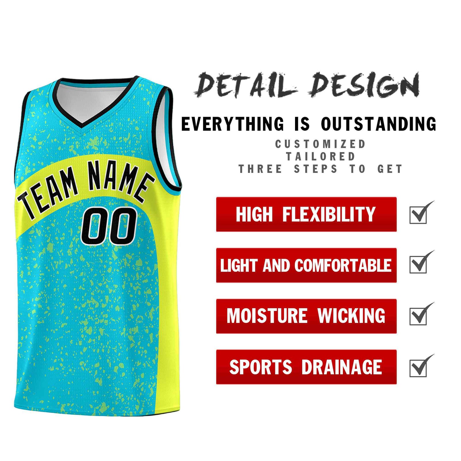 Custom Sky Blue Fluorescent Green Dot Graffiti Pattern Irregular Team Names Sports Uniform Basketball Jersey