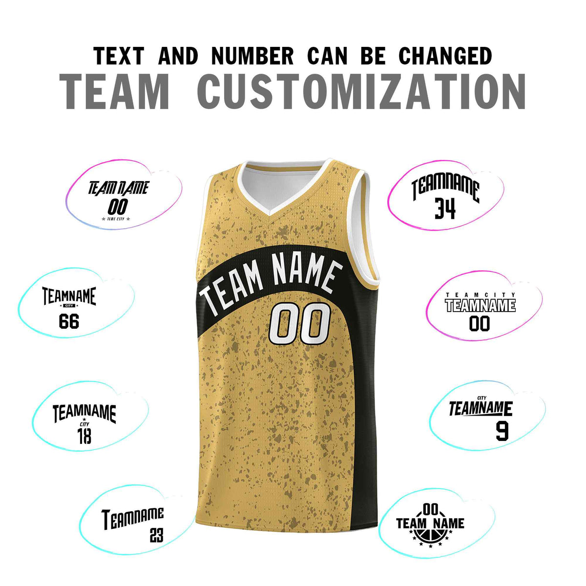 Custom Old Gold Black Dot Graffiti Pattern Irregular Team Names Sports Uniform Basketball Jersey