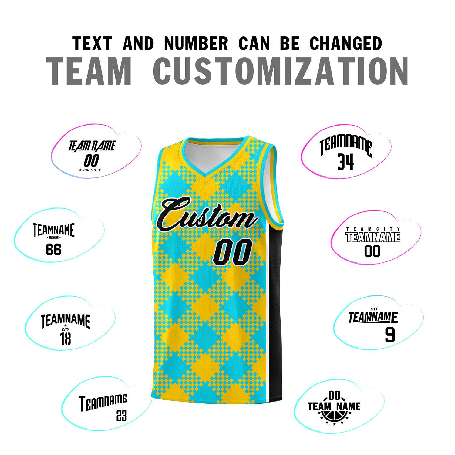 Personalized Sky Blue Gold-Black Grid Basketball Kits