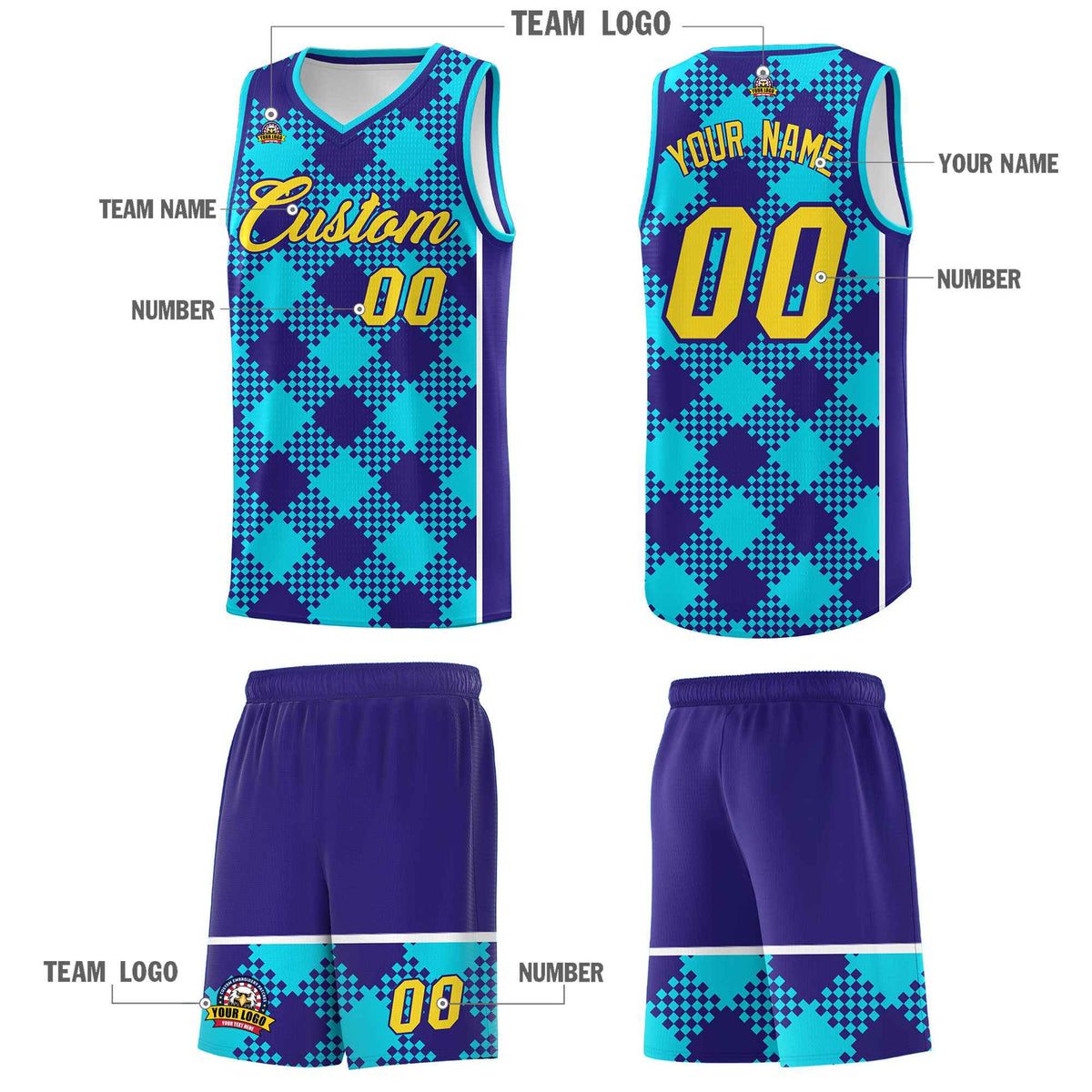 Personalized Royal White-Sky Blue Grid Basketball Kits