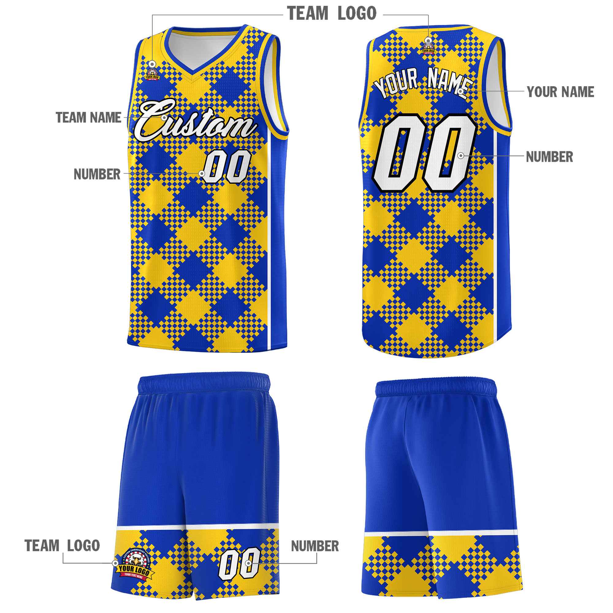 Personalized Royal Gold-White Grid Basketball Kits