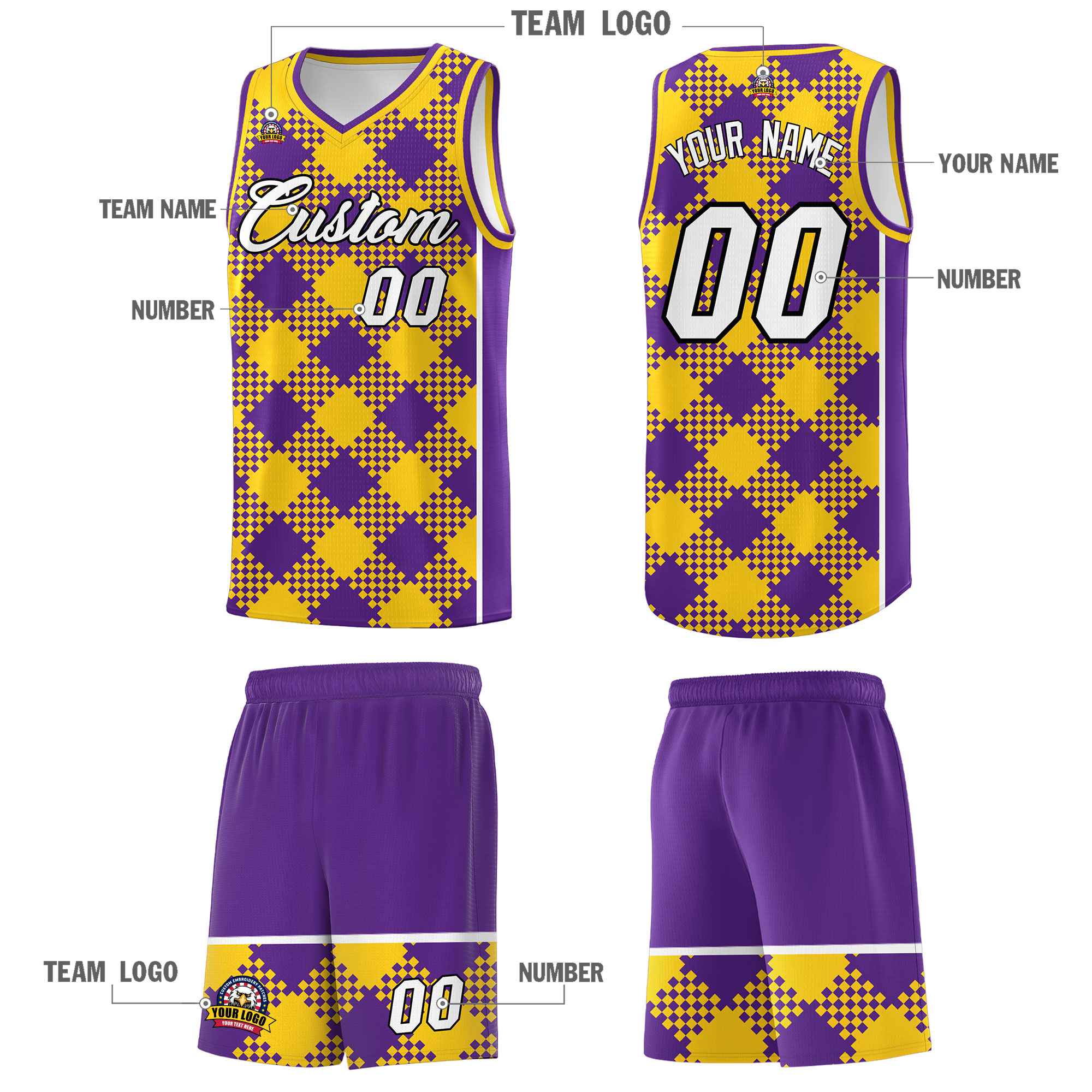 Personalized Purple Gold-White Grid Basketball Kits