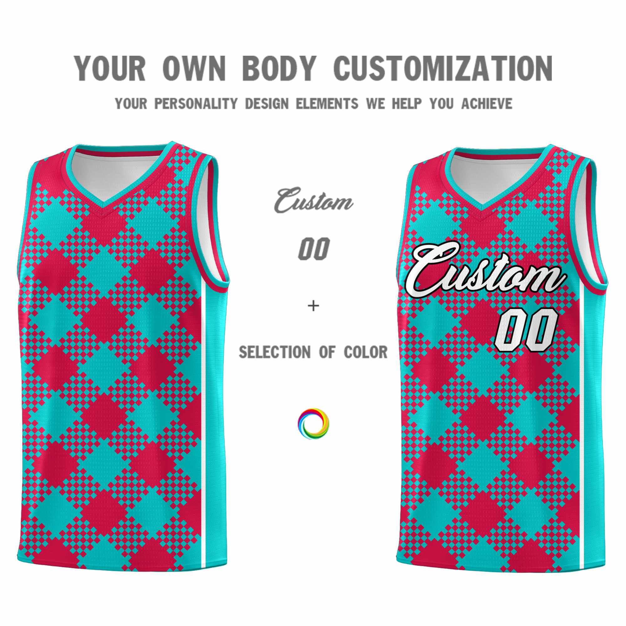 Personalized Aqua Red-White Grid Basketball Kits