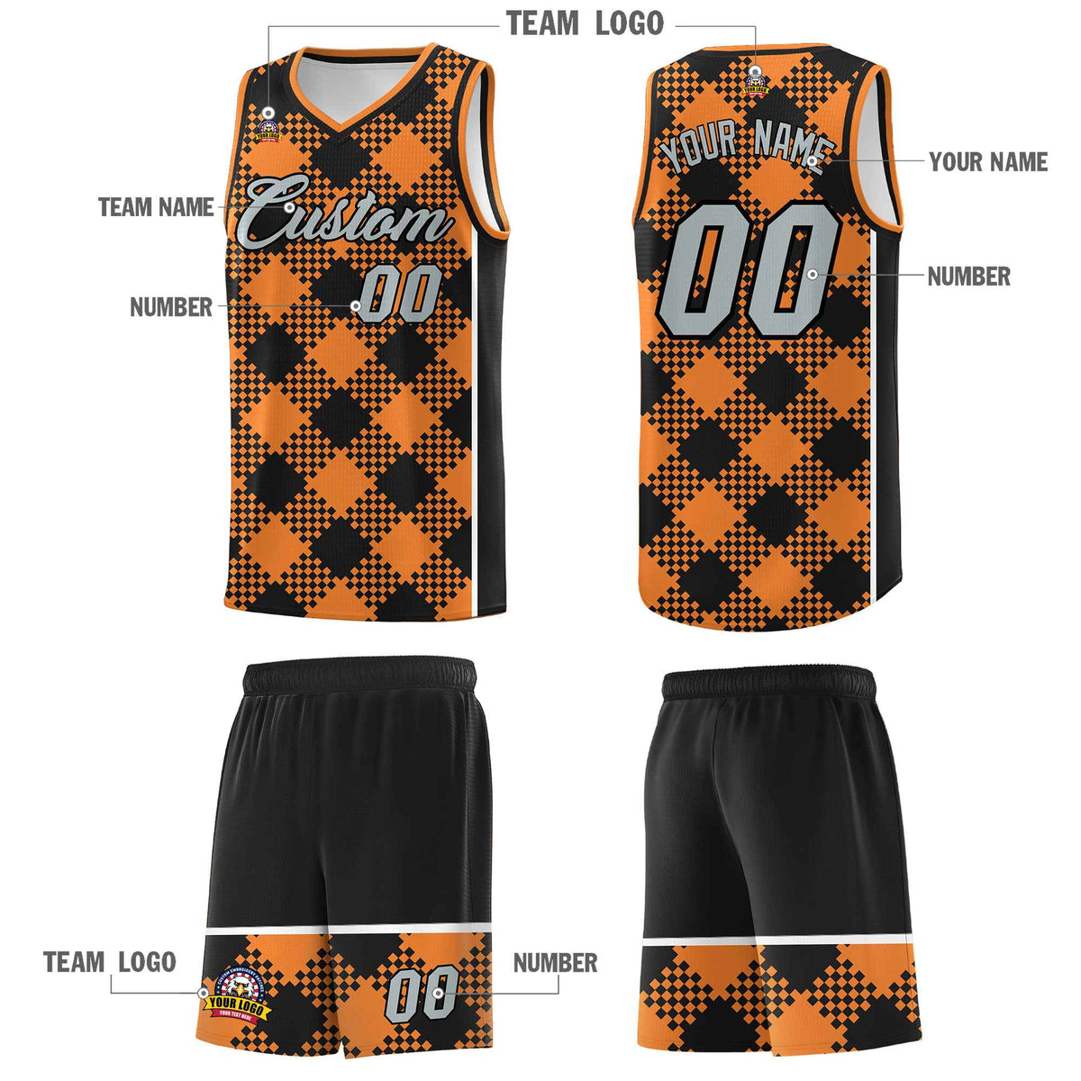 Personalized Gold Orange Black-White Grid Basketball Kits