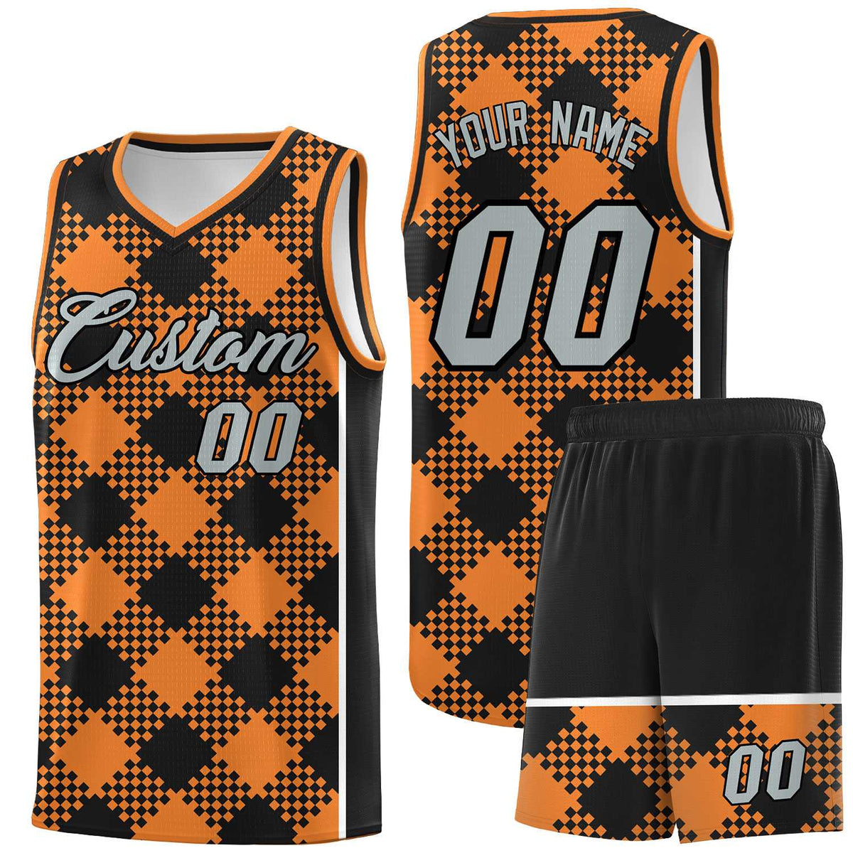 Personalized Gold Orange Black-White Grid Basketball Kits
