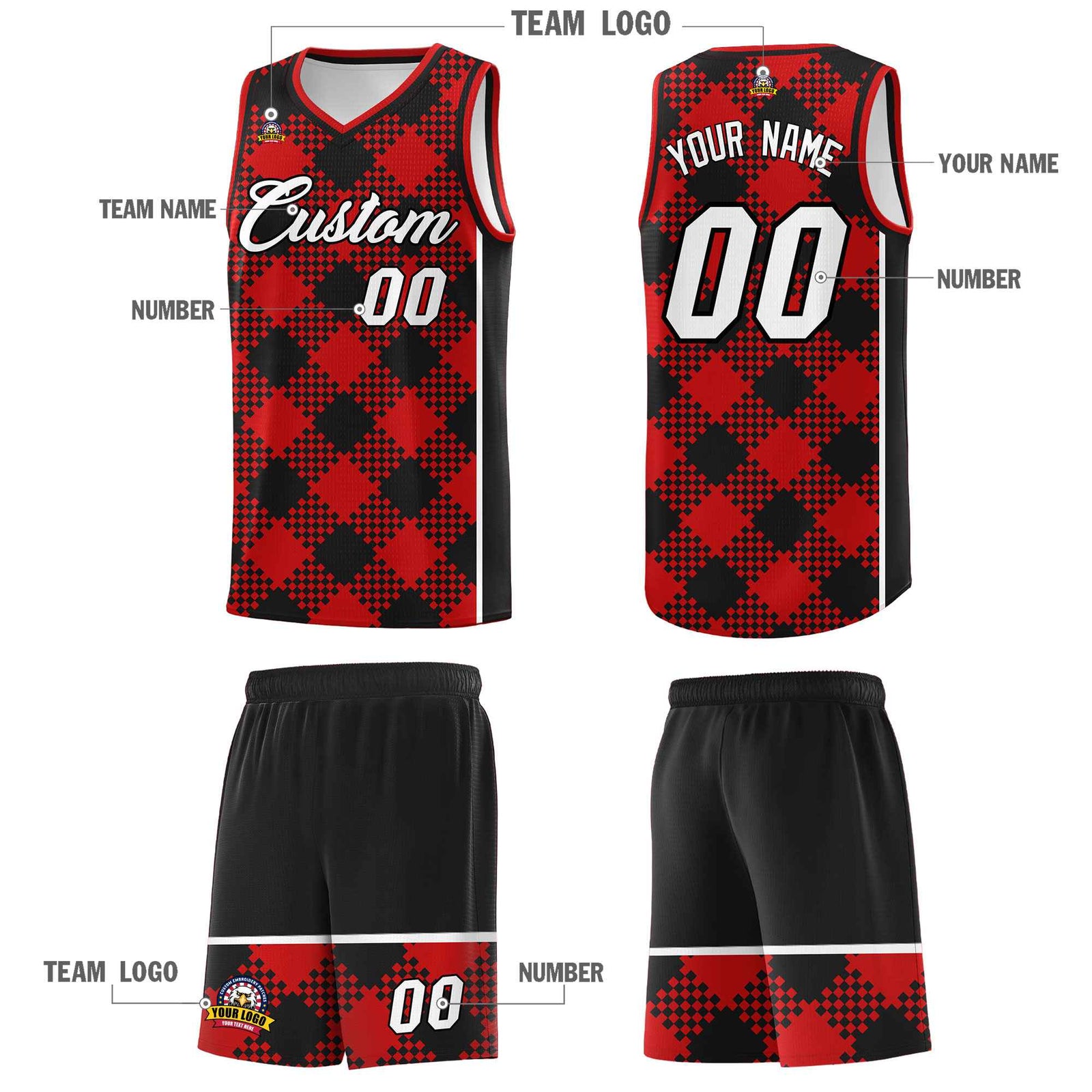 Personalized Red Black-White Grid Basketball Kits