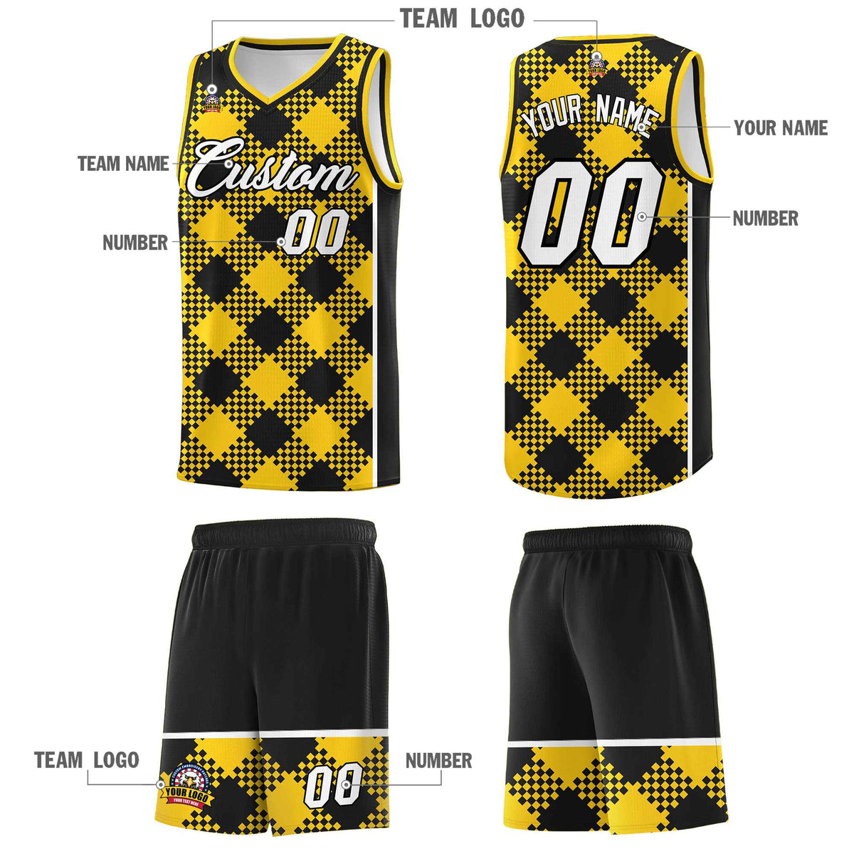 Personalized Gold Black-White Grid Basketball Kits