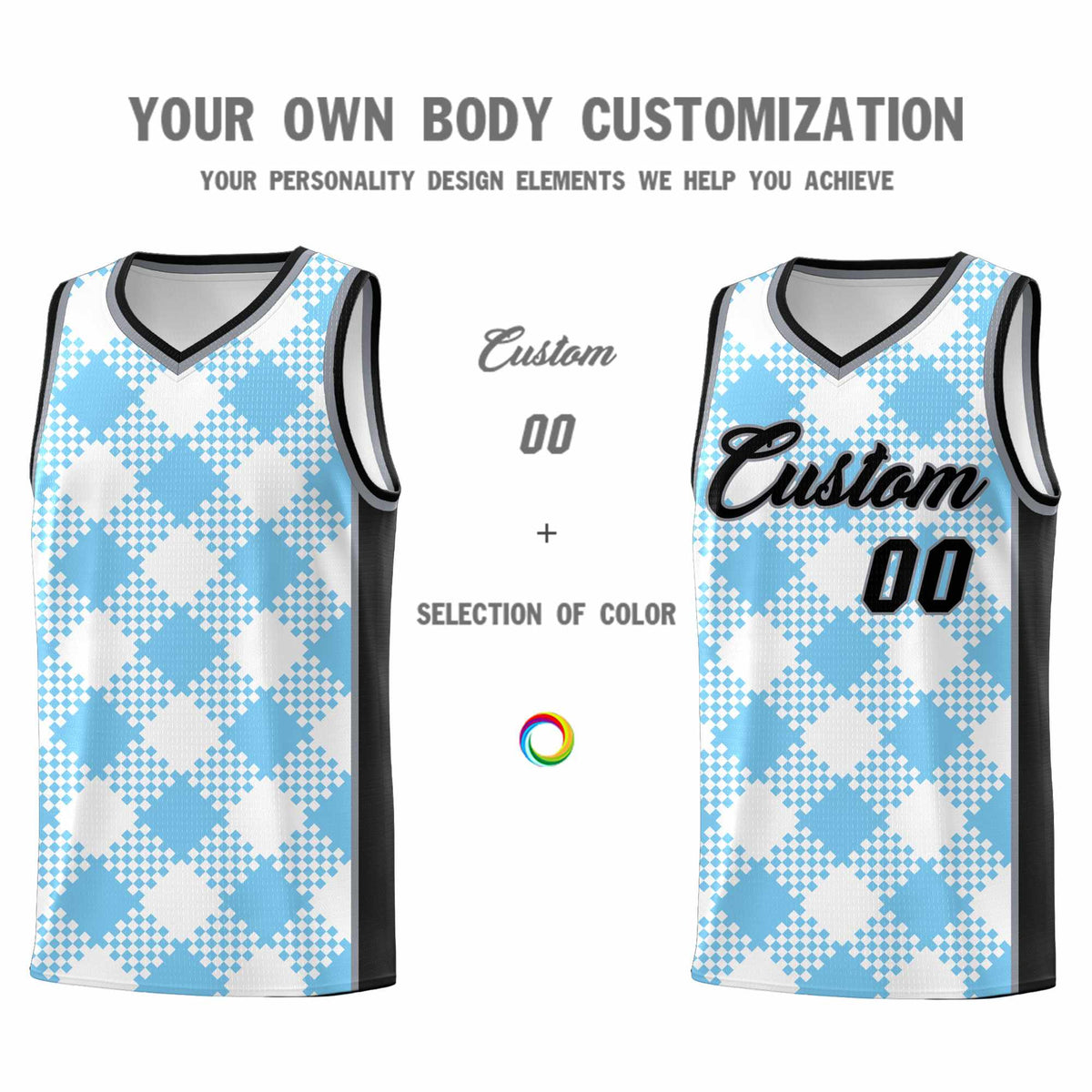 Personalized Light Blue White-Black Grid Basketball Kits