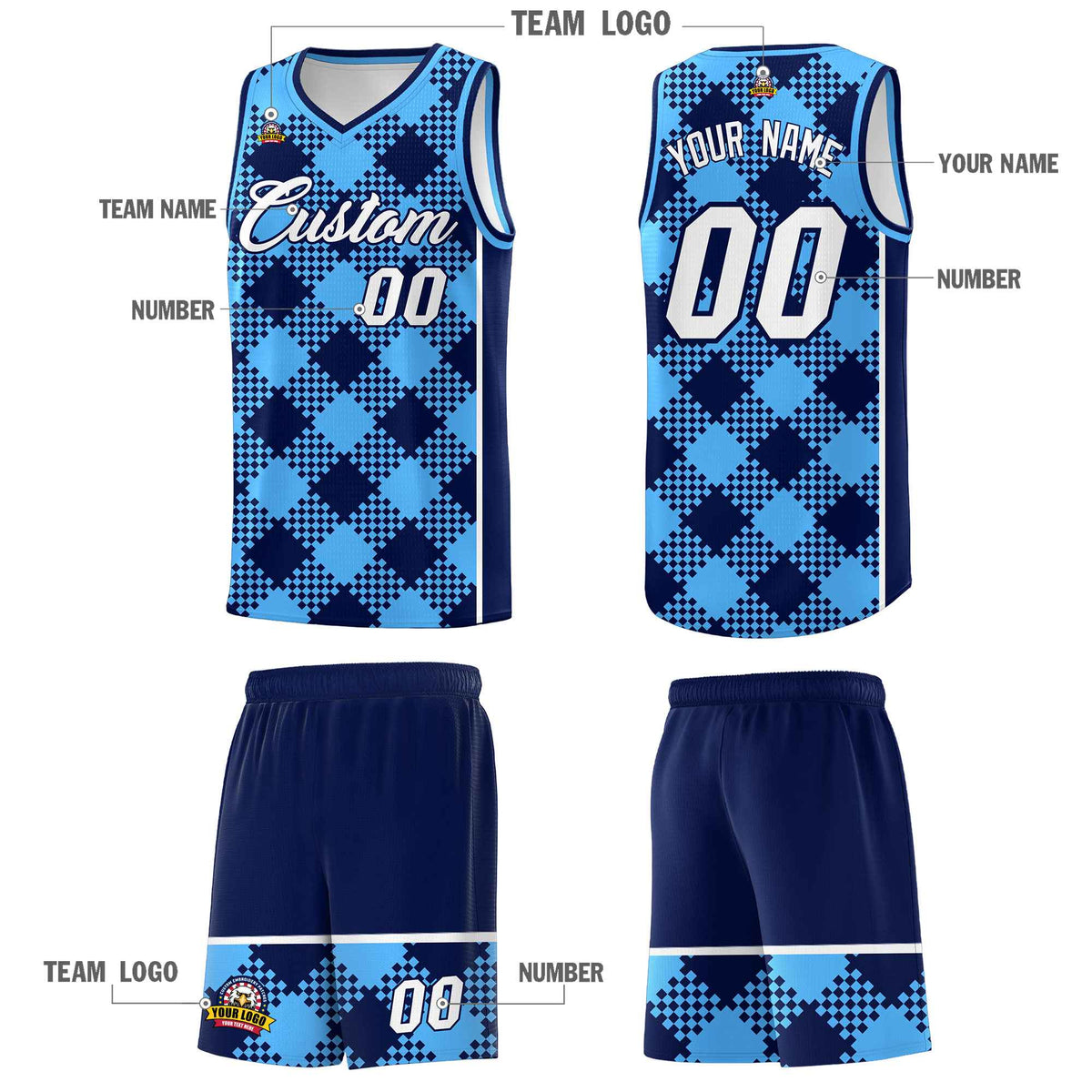 Personalized Powder Blue Navy-White Grid Basketball Kits