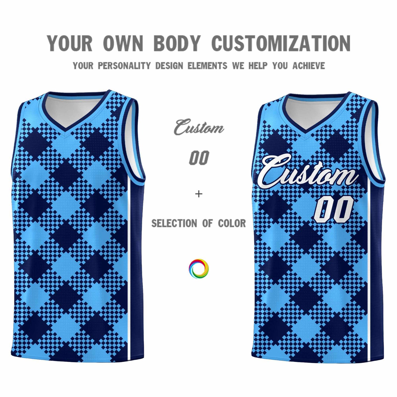 Personalized Powder Blue Navy-White Grid Basketball Kits