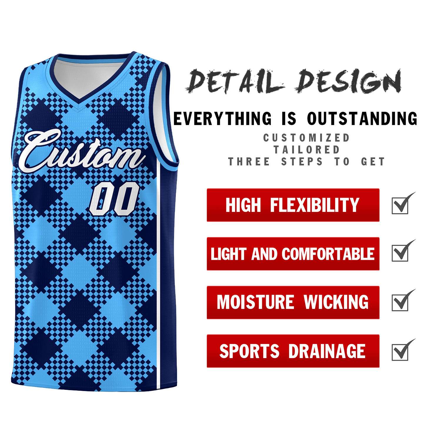 Personalized Powder Blue Navy-White Grid Basketball Kits