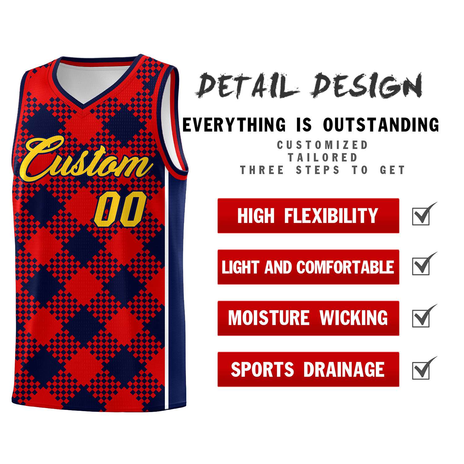 Personalized Navy Red-White Grid Basketball Kits