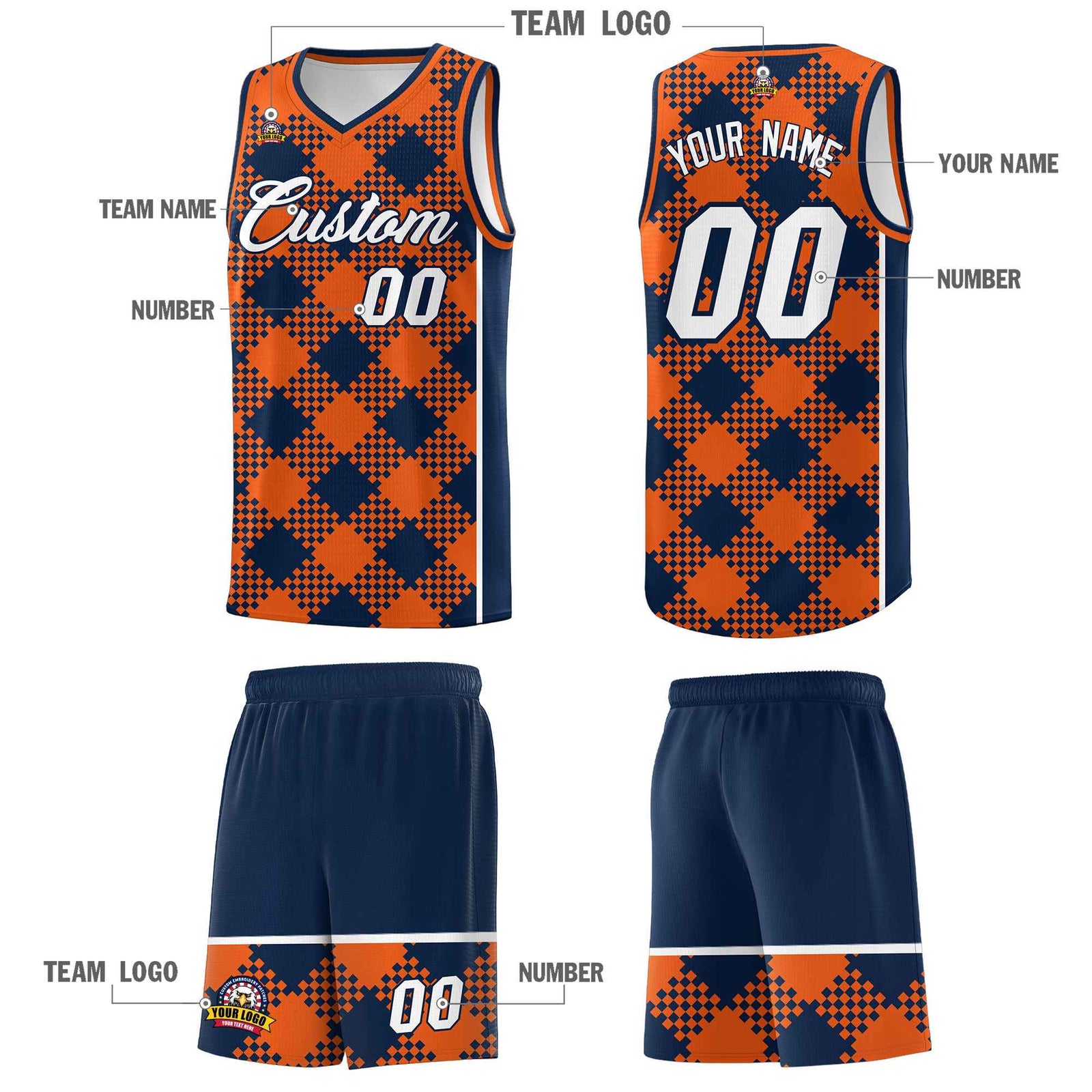 Personalized Navy Orange-White Grid Basketball Kits