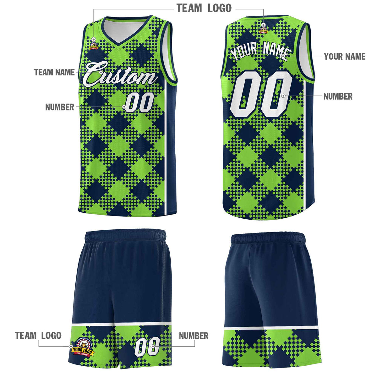 Personalized Fluorescent Green Navy-White Grid Basketball Kits