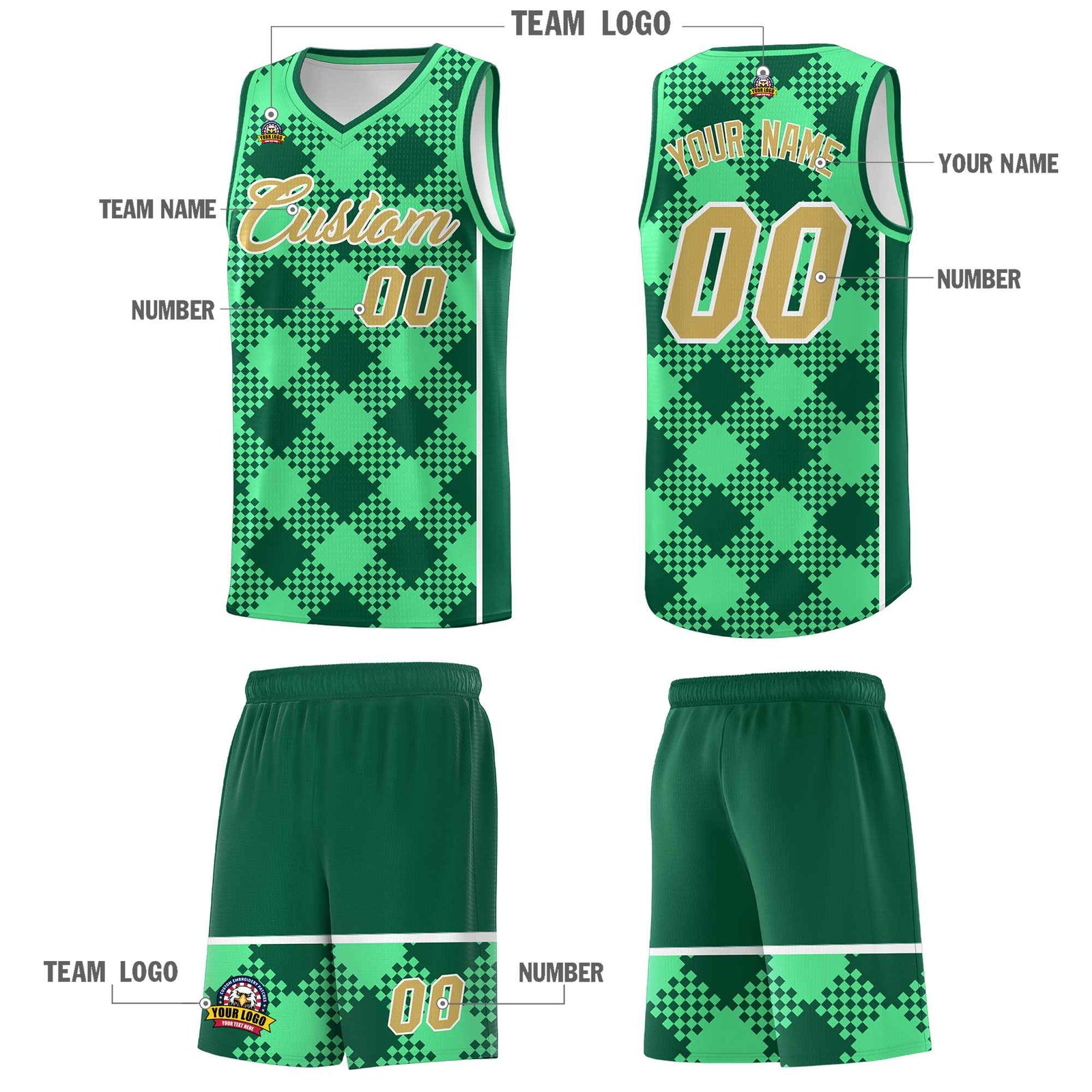Personalized Green Kelly Green-White Grid Basketball Kits
