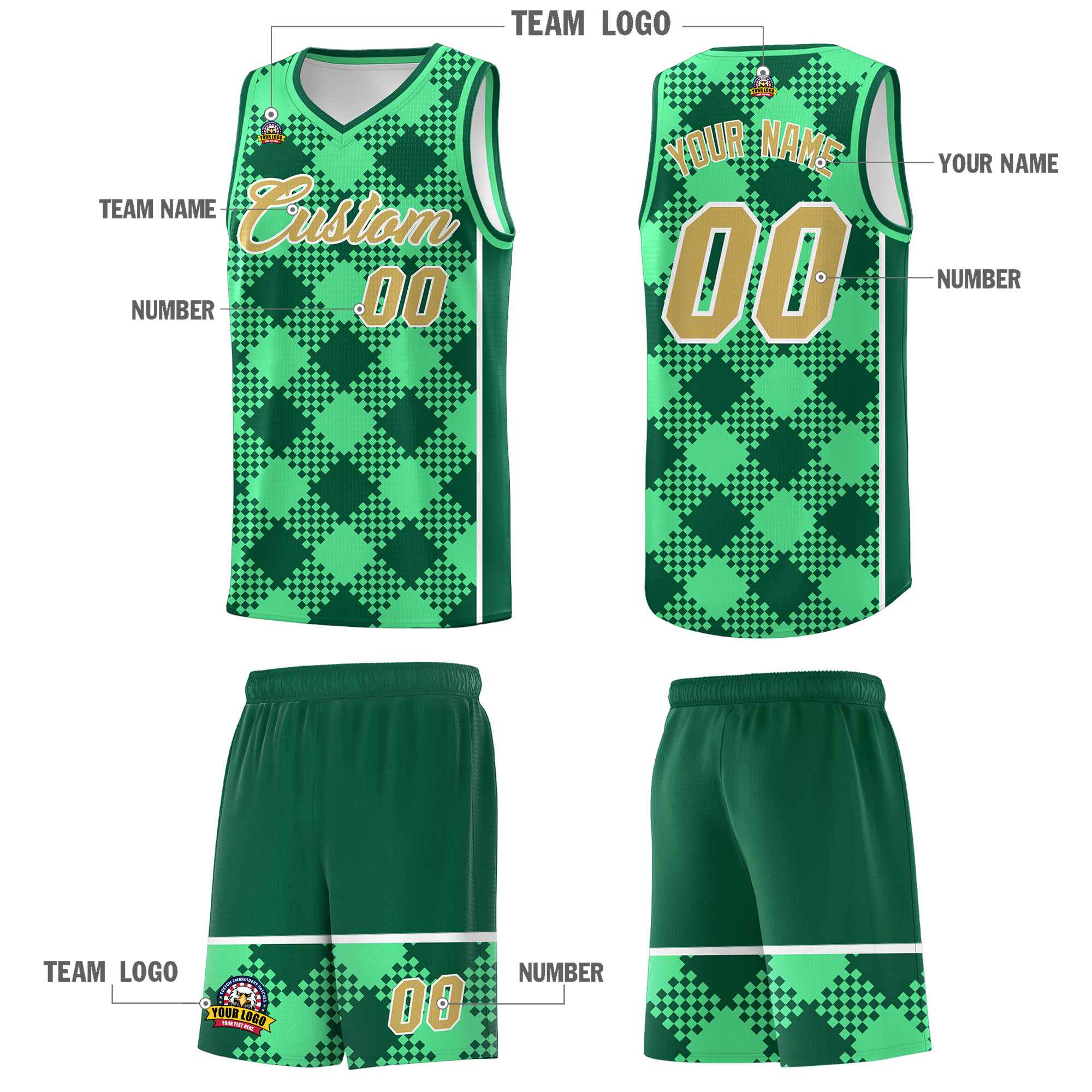 Personalized Green Kelly Green-White Grid Basketball Kits