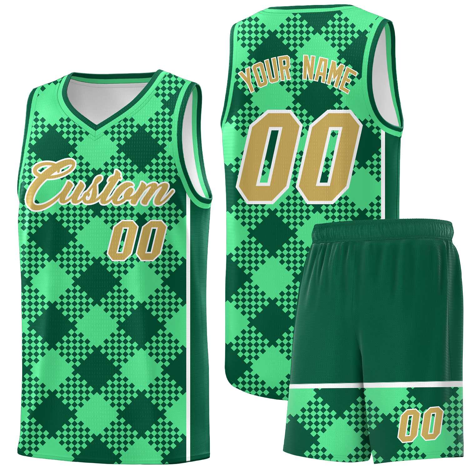 Personalized Green Kelly Green-White Grid Basketball Kits