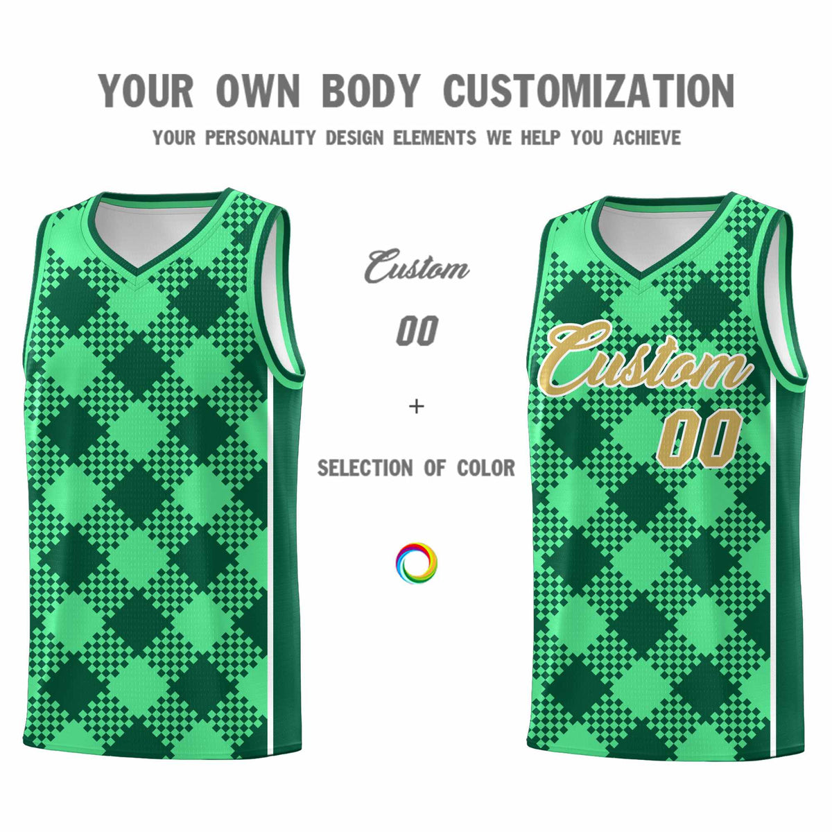 Personalized Green Kelly Green-White Grid Basketball Kits