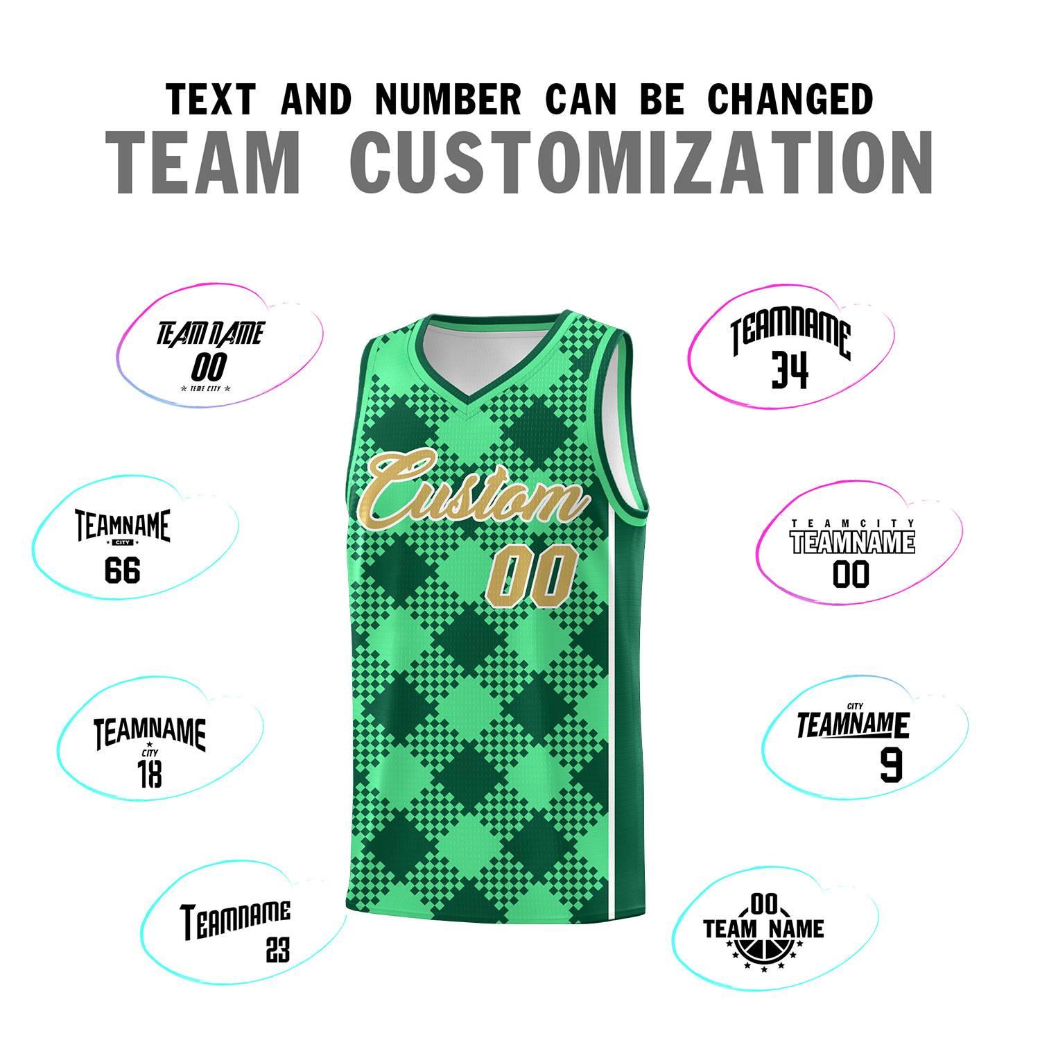 Personalized Green Kelly Green-White Grid Basketball Kits