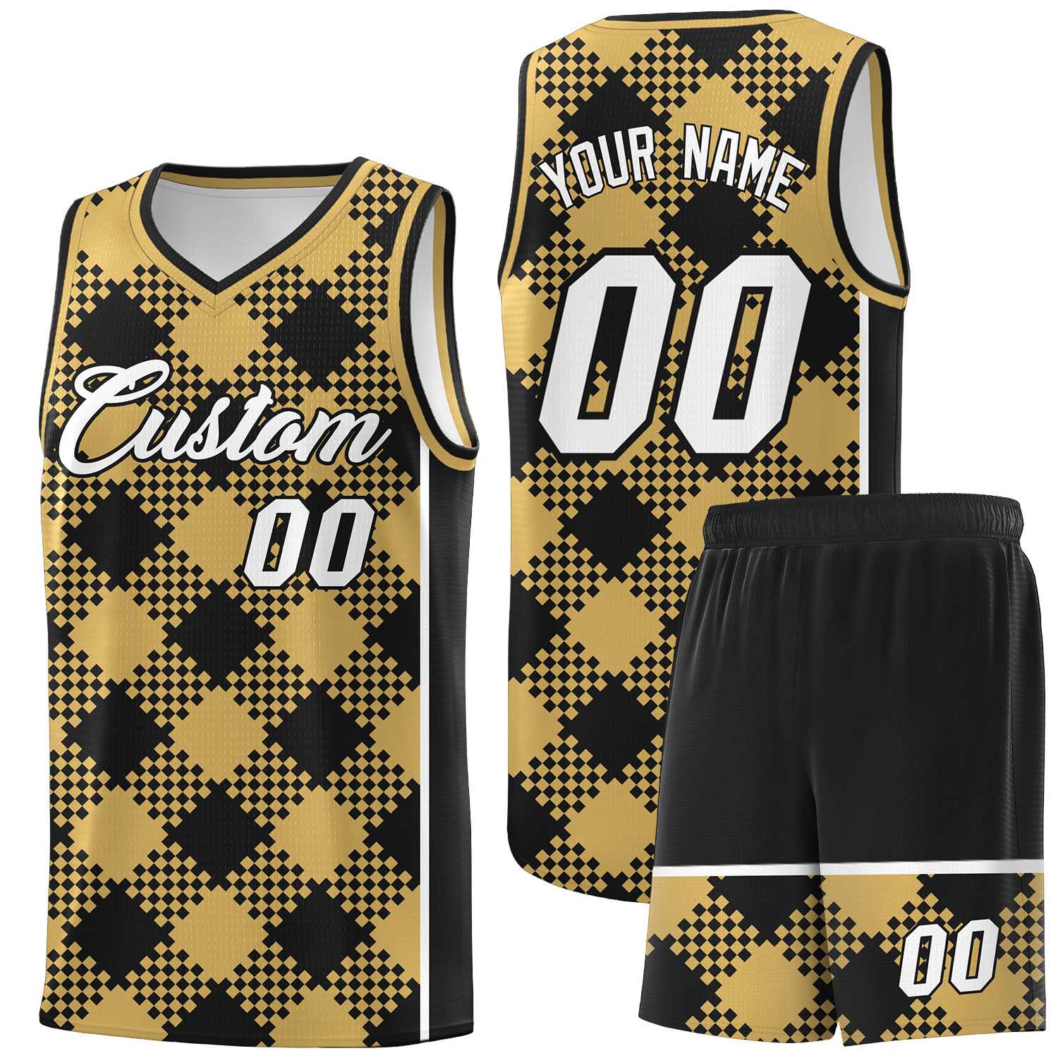 Personalized Old Gold Black-White Grid Basketball Kits