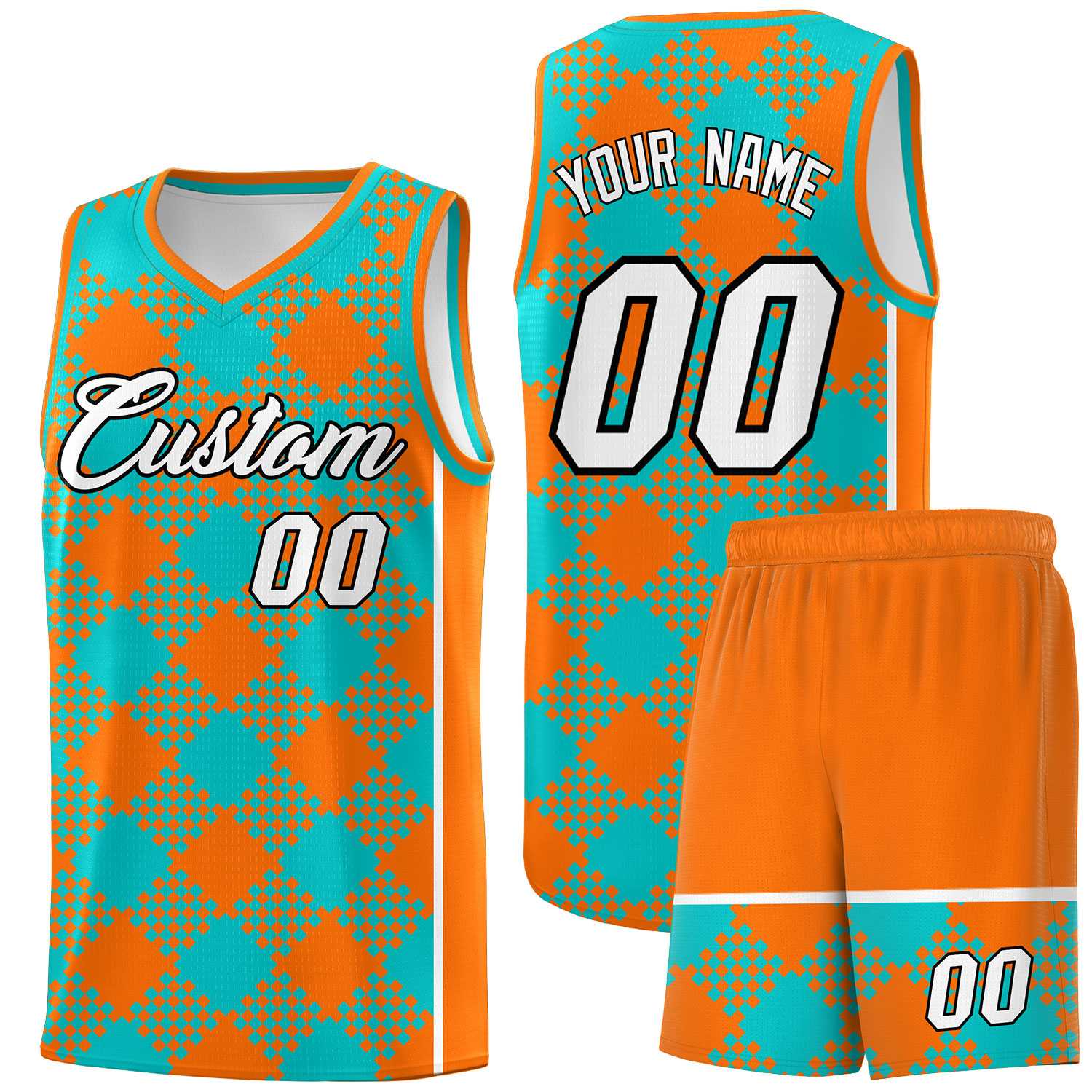 Personalized Aqua Orange-White Grid Basketball Kits