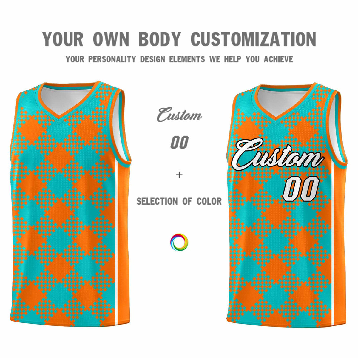 Personalized Aqua Orange-White Grid Basketball Kits