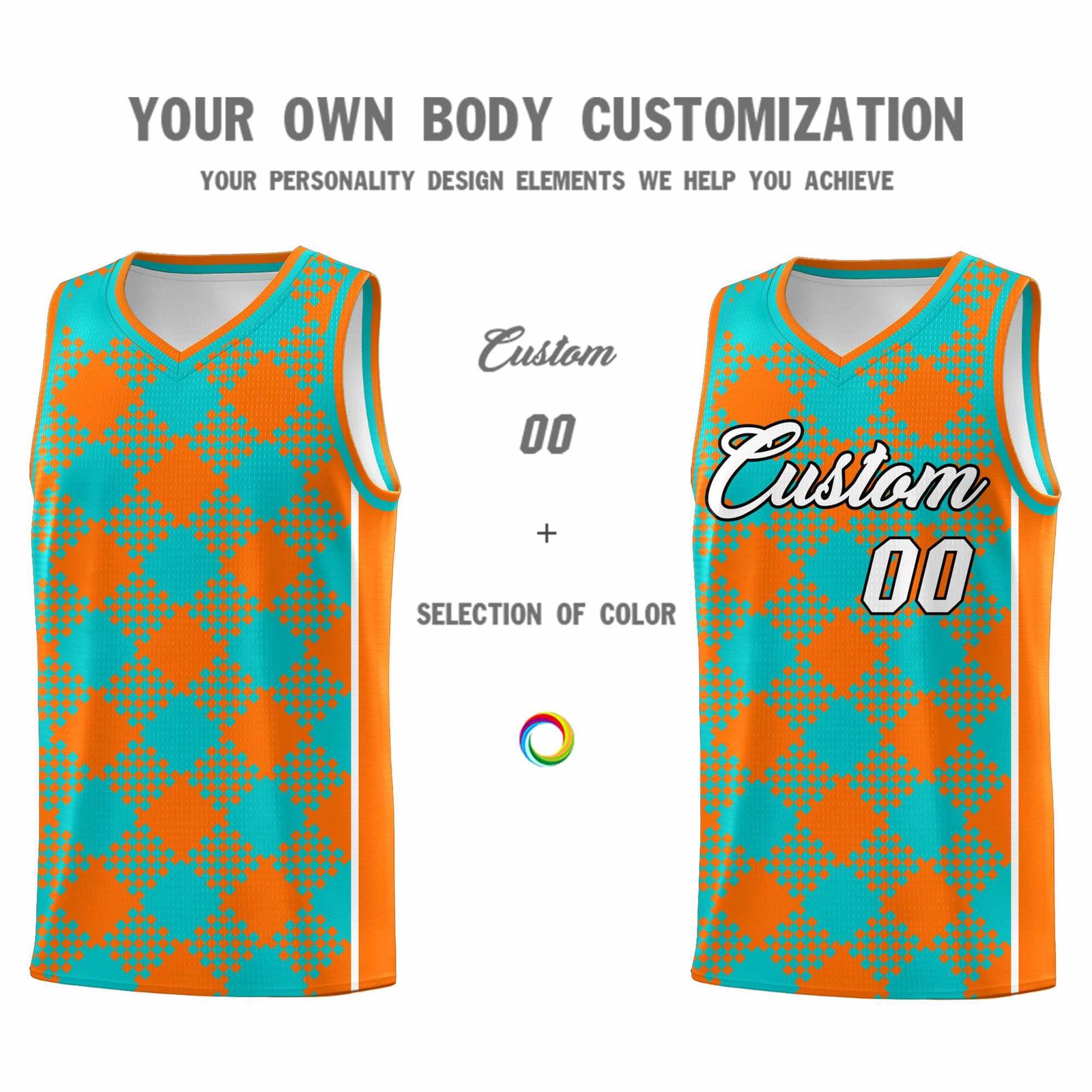Personalized Aqua Orange-White Grid Basketball Kits