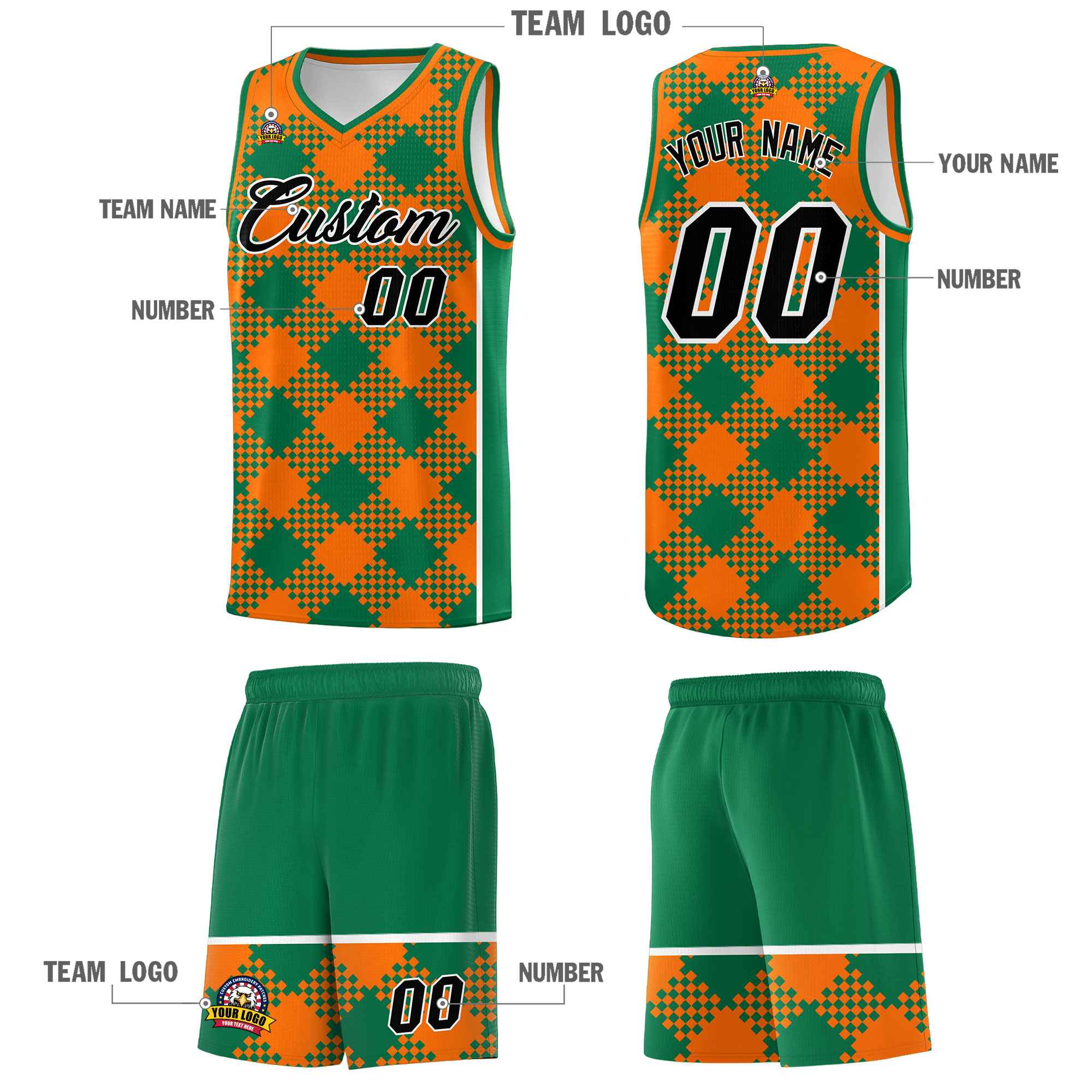 Personalized Orange Kelly Green-White Grid Basketball Kits
