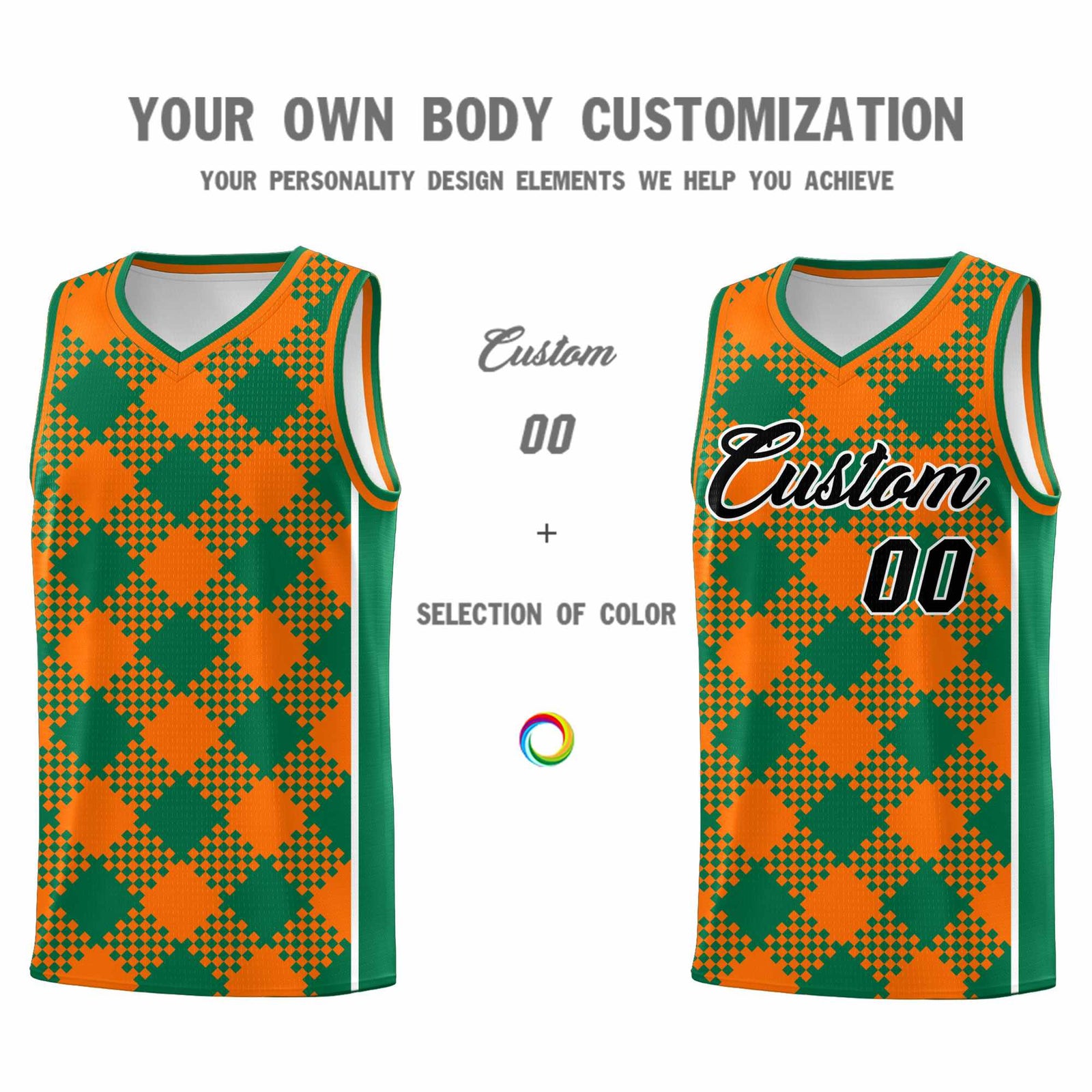 Personalized Orange Kelly Green-White Grid Basketball Kits