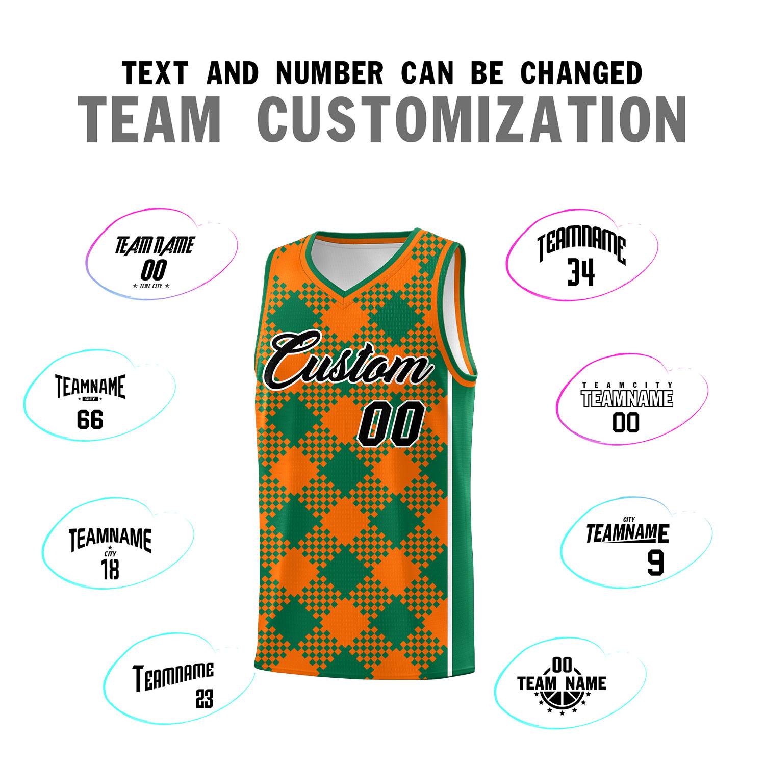 Personalized Orange Kelly Green-White Grid Basketball Kits