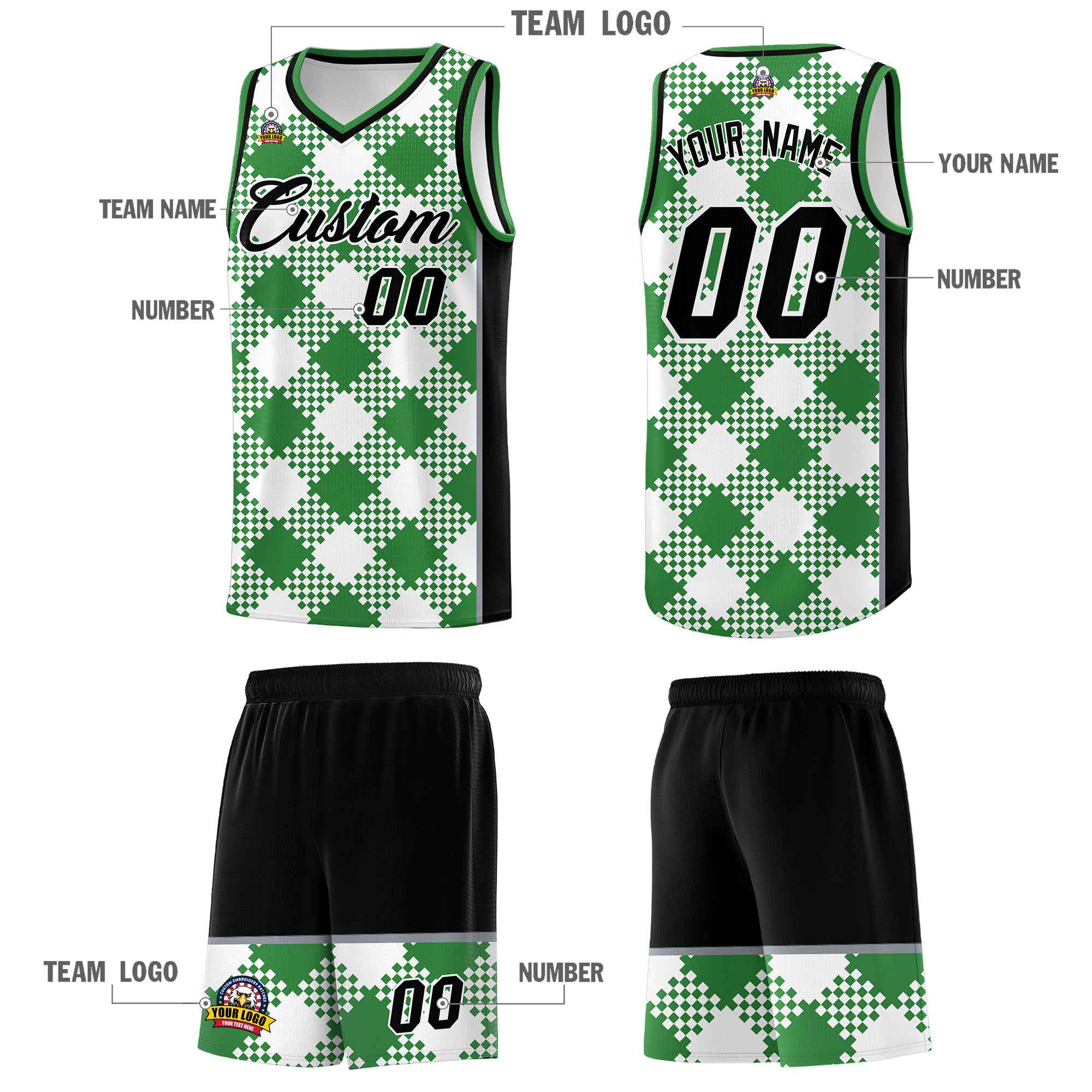 Personalized White Kelly Green-Gray Grid Basketball Kits