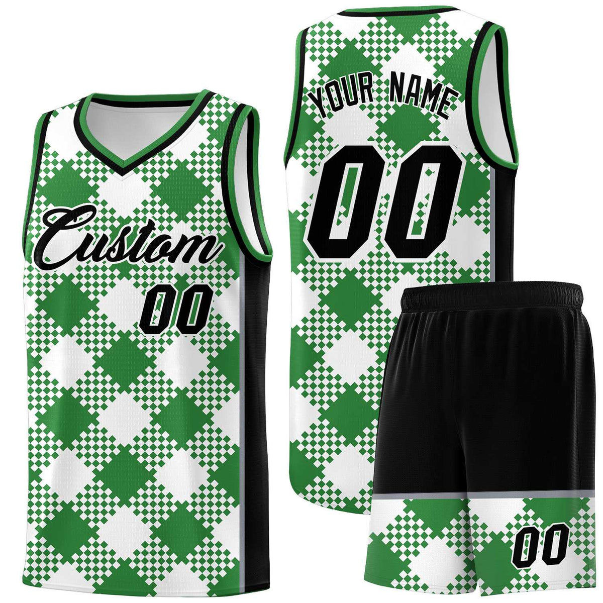Personalized White Kelly Green-Gray Grid Basketball Kits