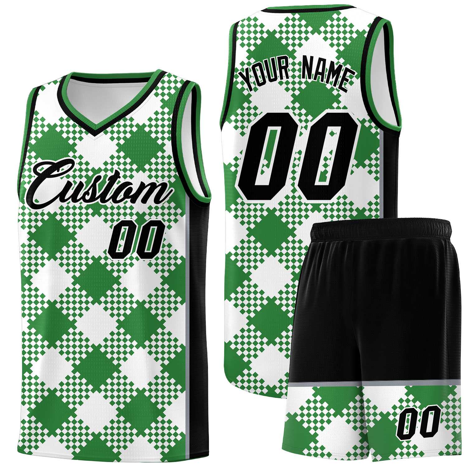 Personalized White Kelly Green-Gray Grid Basketball Kits