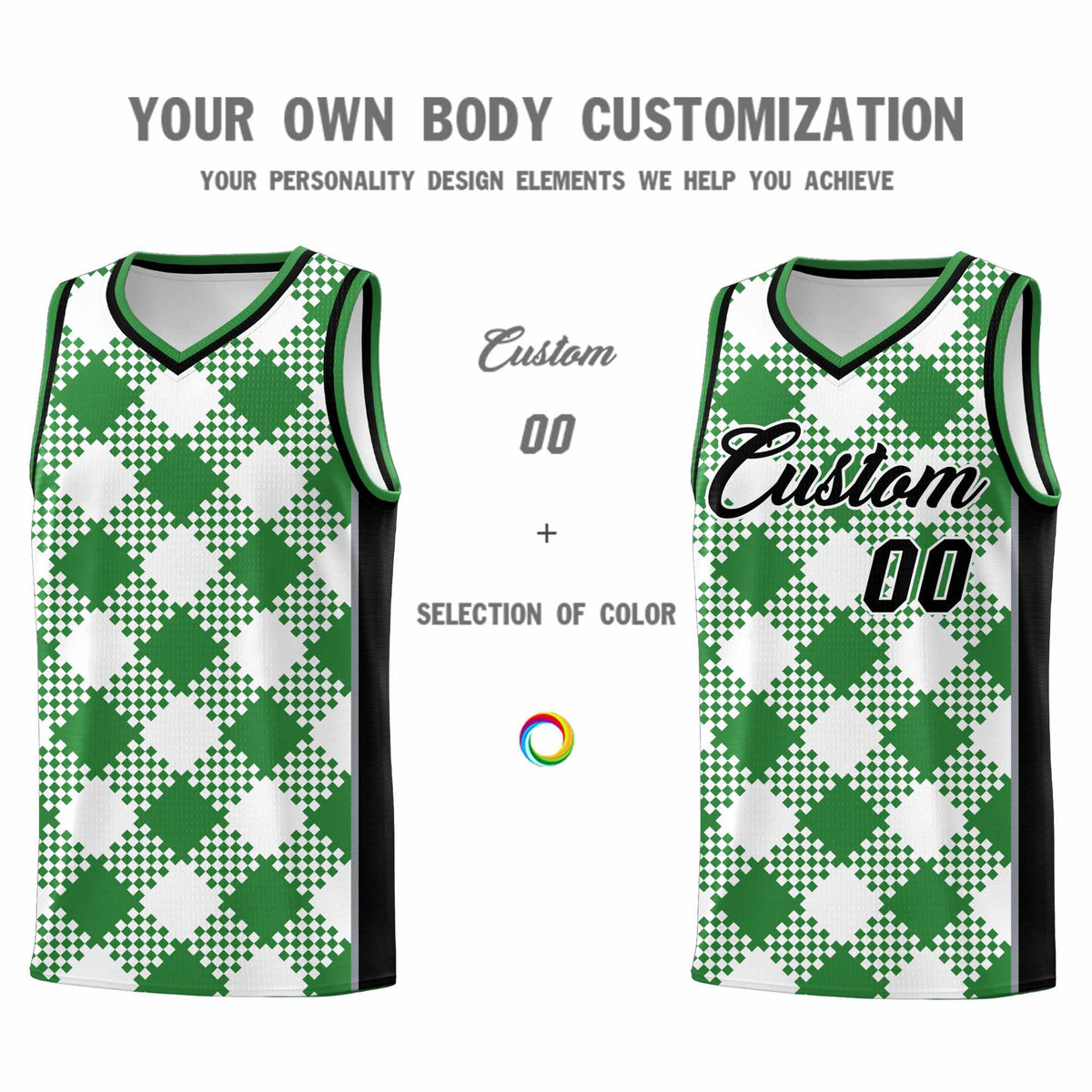 Personalized White Kelly Green-Gray Grid Basketball Kits