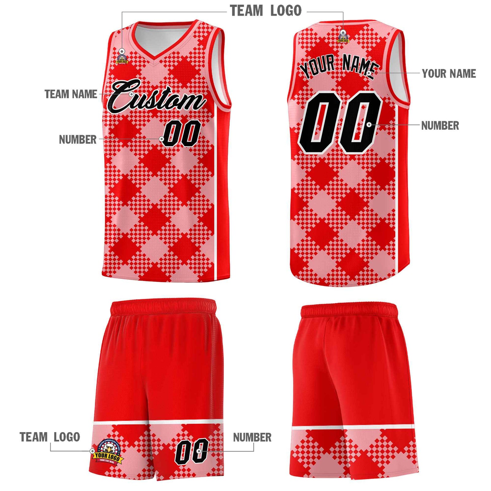 Personalized Light Pink Light Red-White Grid Basketball Kits